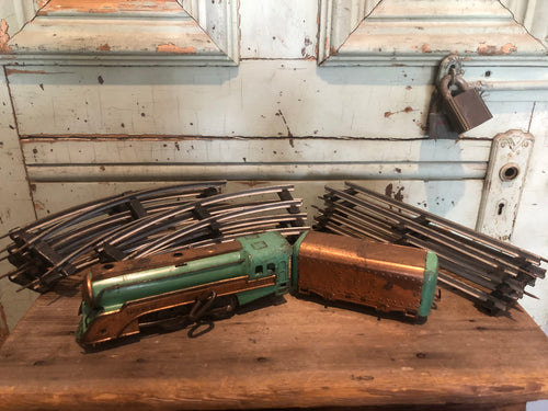Vintage Hafner Wind Up, Tin Train & Track - Green/Copper